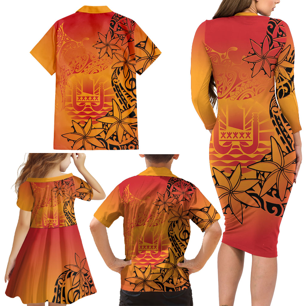 French Polynesia Manta Ray Tattoo Family Matching Long Sleeve Bodycon Dress and Hawaiian Shirt Tahiti Hahalua Tiare Maori Gradient Style LT14 - Polynesian Pride