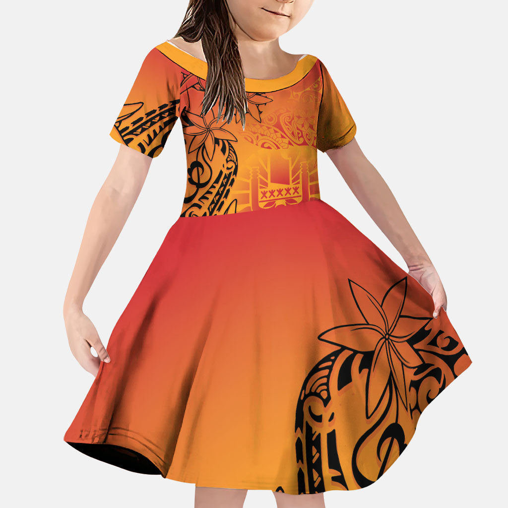French Polynesia Manta Ray Tattoo Family Matching Off Shoulder Maxi Dress and Hawaiian Shirt Tahiti Hahalua Tiare Maori Gradient Style LT14 Daughter's Dress Orange - Polynesian Pride