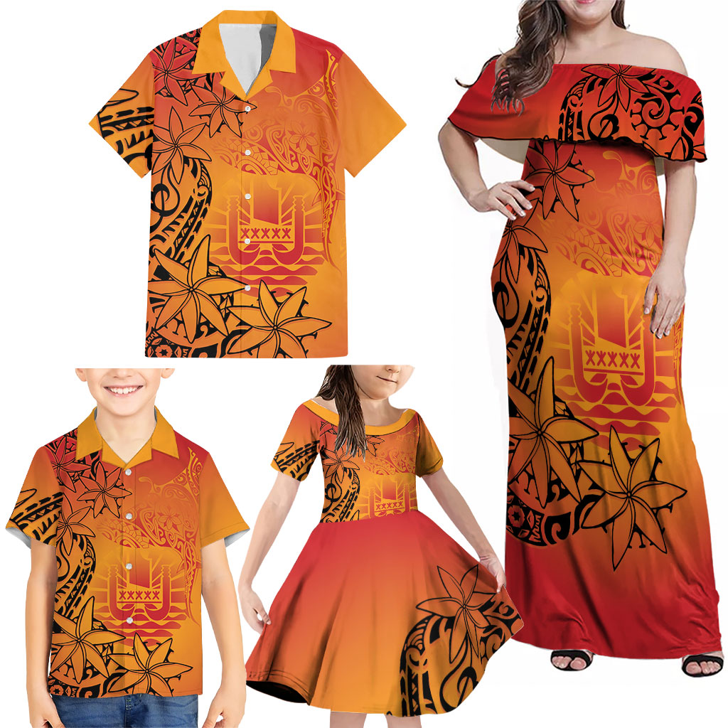 French Polynesia Manta Ray Tattoo Family Matching Off Shoulder Maxi Dress and Hawaiian Shirt Tahiti Hahalua Tiare Maori Gradient Style LT14 - Polynesian Pride