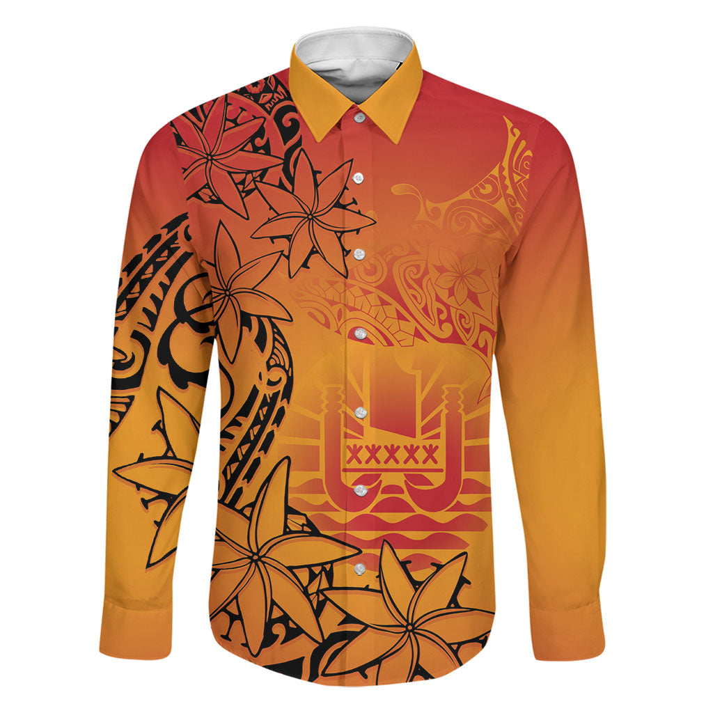 French Polynesia Manta Ray Tattoo Family Matching Off Shoulder Maxi Dress and Hawaiian Shirt Tahiti Hahalua Tiare Maori Gradient Style LT14 Dad's Shirt - Long Sleeve Orange - Polynesian Pride