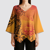 French Polynesia Manta Ray Tattoo Kimono Sleeve Blouse Tahiti Hahalua Tiare Maori Gradient Style