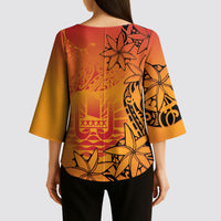 French Polynesia Manta Ray Tattoo Kimono Sleeve Blouse Tahiti Hahalua Tiare Maori Gradient Style