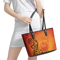 French Polynesia Manta Ray Tattoo Leather Tote Bag Tahiti Hahalua Tiare Maori Gradient Style