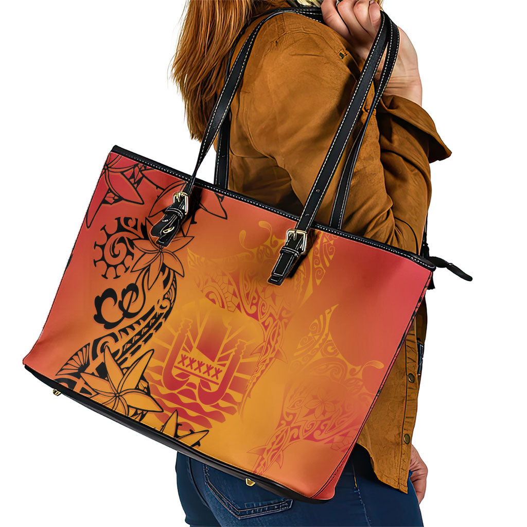 French Polynesia Manta Ray Tattoo Leather Tote Bag Tahiti Hahalua Tiare Maori Gradient Style