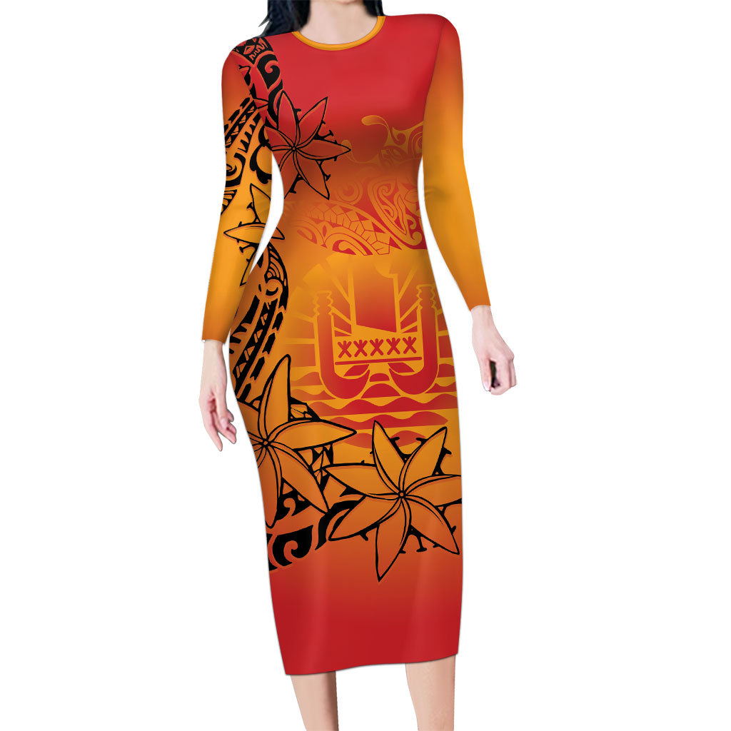 French Polynesia Manta Ray Tattoo Long Sleeve Bodycon Dress Tahiti Hahalua Tiare Maori Gradient Style