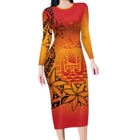 French Polynesia Manta Ray Tattoo Long Sleeve Bodycon Dress Tahiti Hahalua Tiare Maori Gradient Style