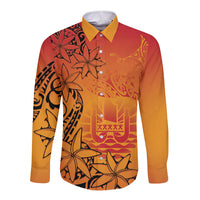French Polynesia Manta Ray Tattoo Long Sleeve Button Shirt Tahiti Hahalua Tiare Maori Gradient Style