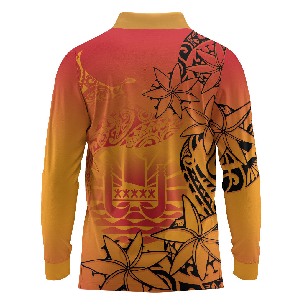 French Polynesia Manta Ray Tattoo Long Sleeve Polo Shirt Tahiti Hahalua Tiare Maori Gradient Style