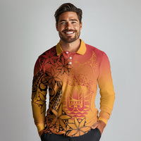 French Polynesia Manta Ray Tattoo Long Sleeve Polo Shirt Tahiti Hahalua Tiare Maori Gradient Style