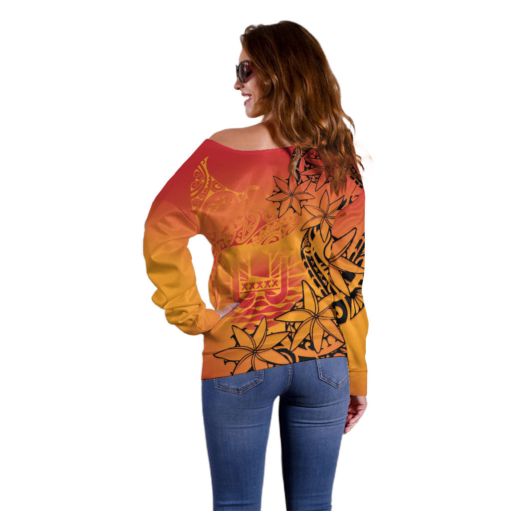 French Polynesia Manta Ray Tattoo Off Shoulder Sweater Tahiti Hahalua Tiare Maori Gradient Style