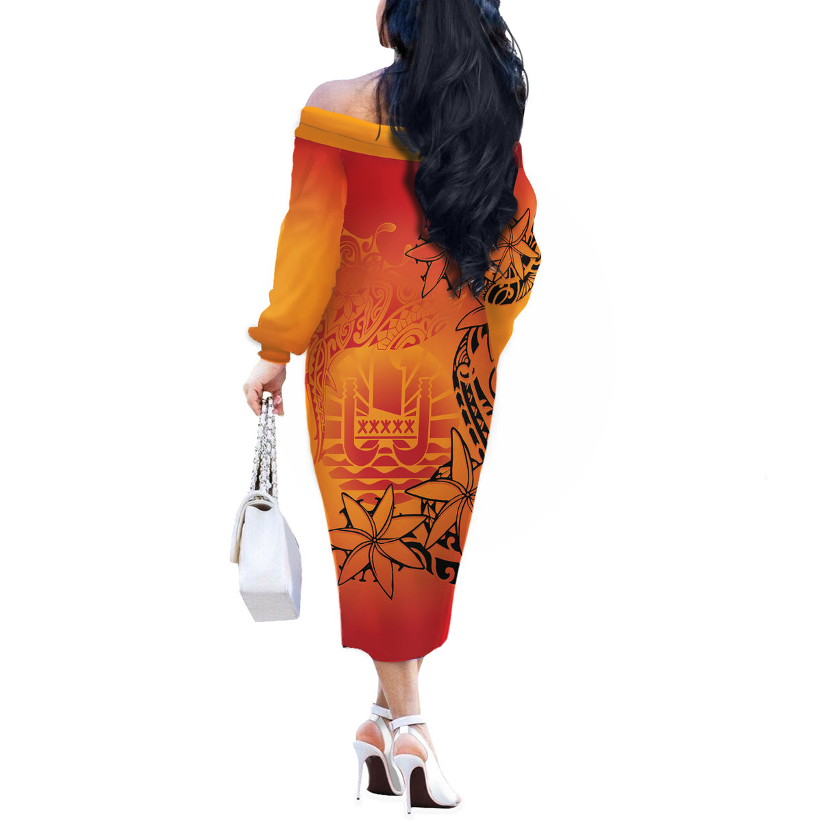 French Polynesia Manta Ray Tattoo Off The Shoulder Long Sleeve Dress Tahiti Hahalua Tiare Maori Gradient Style