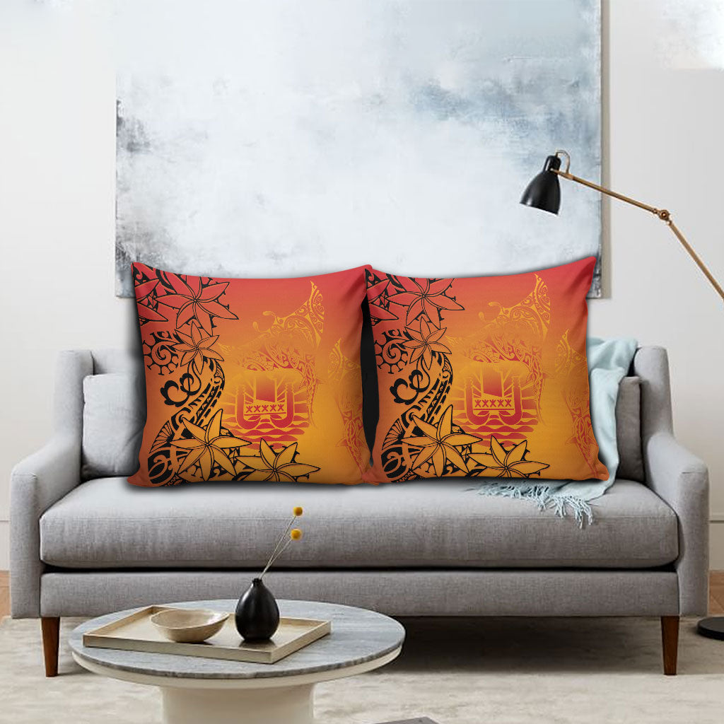 French Polynesia Manta Ray Tattoo Pillow Cover Tahiti Hahalua Tiare Maori Gradient Style