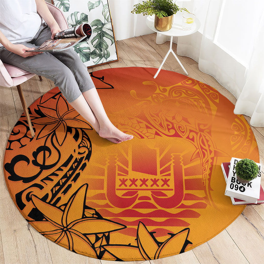 French Polynesia Manta Ray Tattoo Round Carpet Tahiti Hahalua Tiare Maori Gradient Style