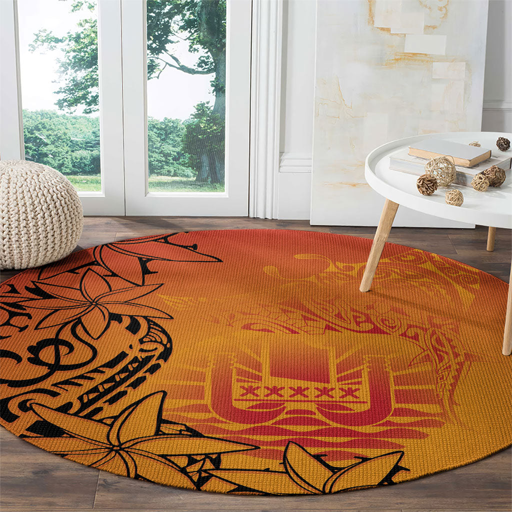 French Polynesia Manta Ray Tattoo Round Carpet Tahiti Hahalua Tiare Maori Gradient Style