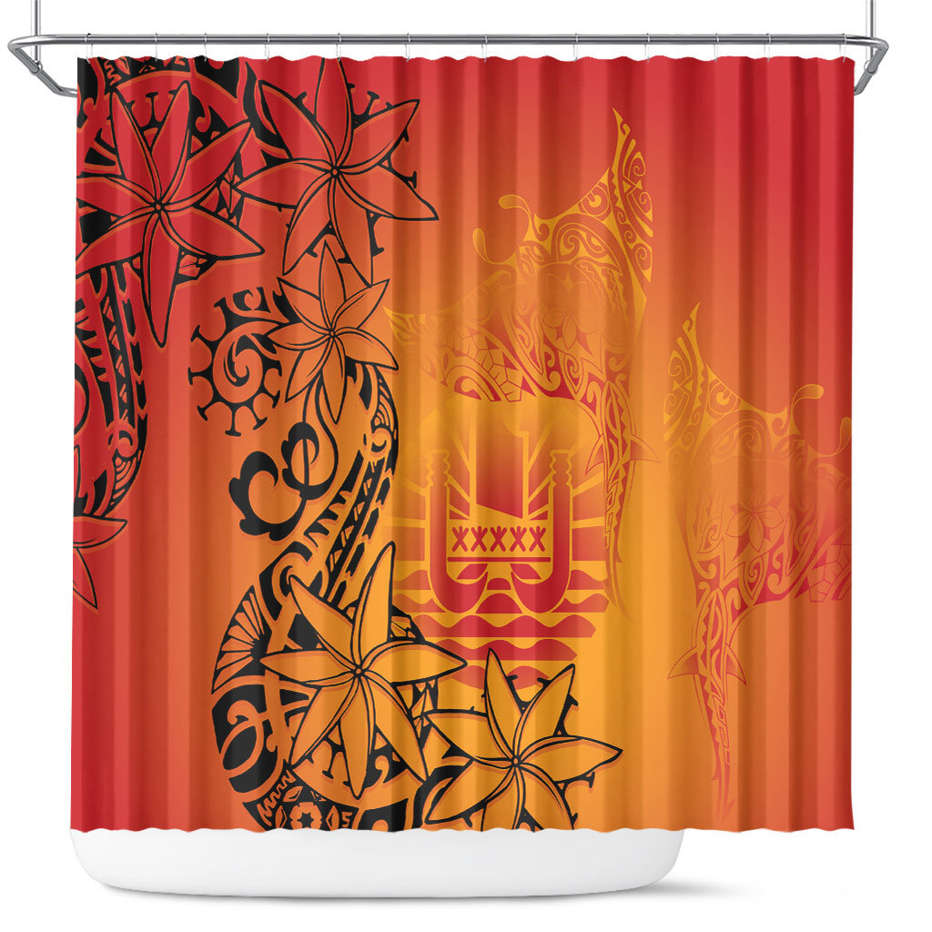 French Polynesia Manta Ray Tattoo Shower Curtain Tahiti Hahalua Tiare Maori Gradient Style