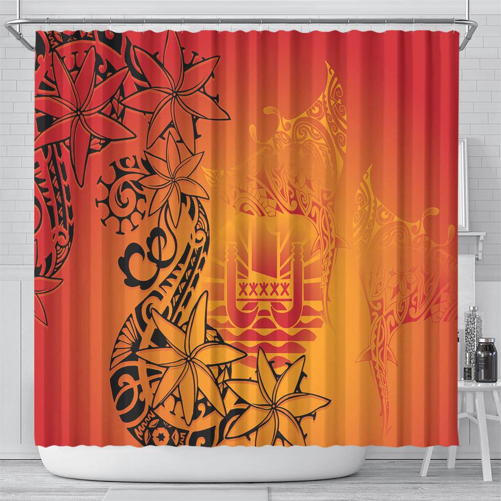 French Polynesia Manta Ray Tattoo Shower Curtain Tahiti Hahalua Tiare Maori Gradient Style