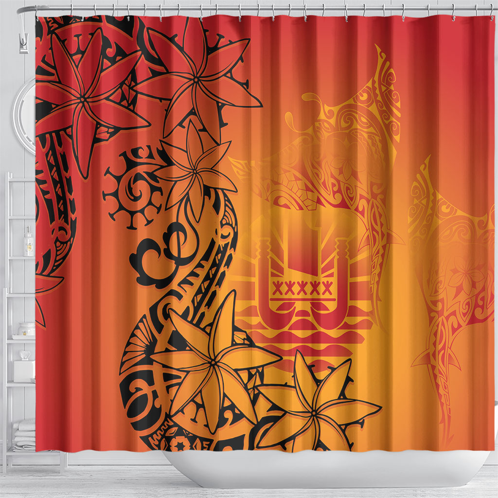 French Polynesia Manta Ray Tattoo Shower Curtain Tahiti Hahalua Tiare Maori Gradient Style