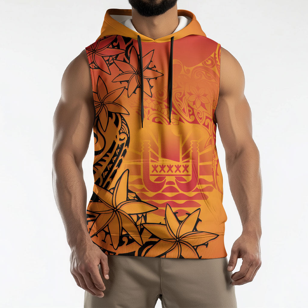 French Polynesia Manta Ray Tattoo Sleeveless Hoodie Tahiti Hahalua Tiare Maori Gradient Style
