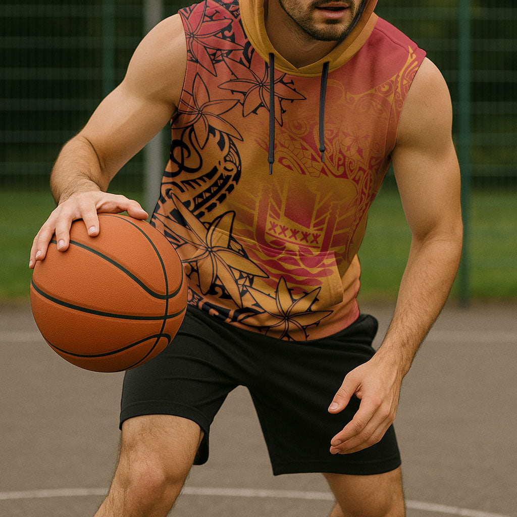 French Polynesia Manta Ray Tattoo Sleeveless Hoodie Tahiti Hahalua Tiare Maori Gradient Style