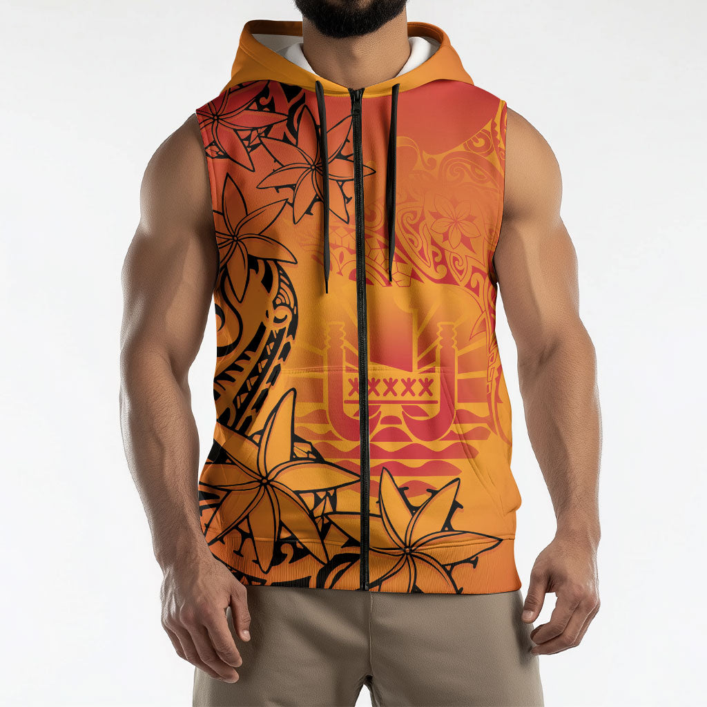 French Polynesia Manta Ray Tattoo Sleeveless Zip Hoodie Tahiti Hahalua Tiare Maori Gradient Style