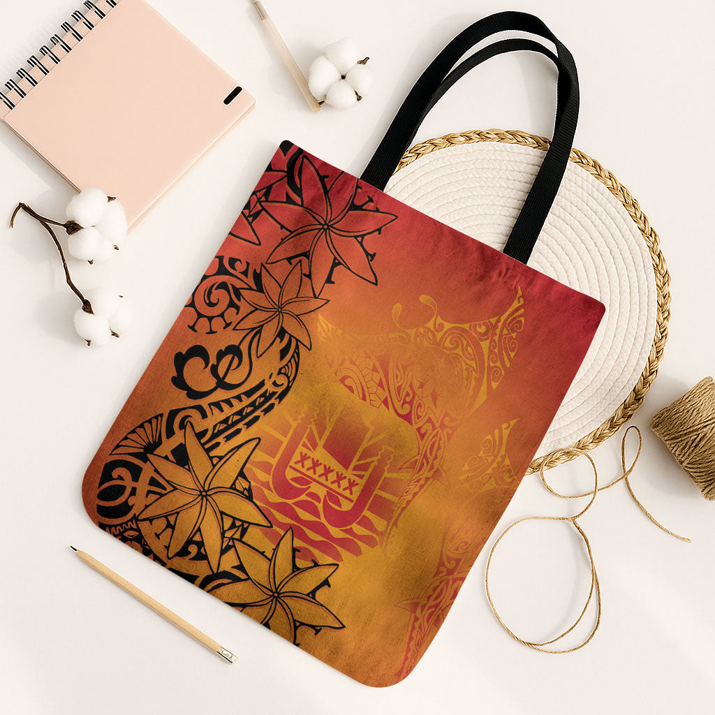 French Polynesia Manta Ray Tattoo Tote Bag Tahiti Hahalua Tiare Maori Gradient Style