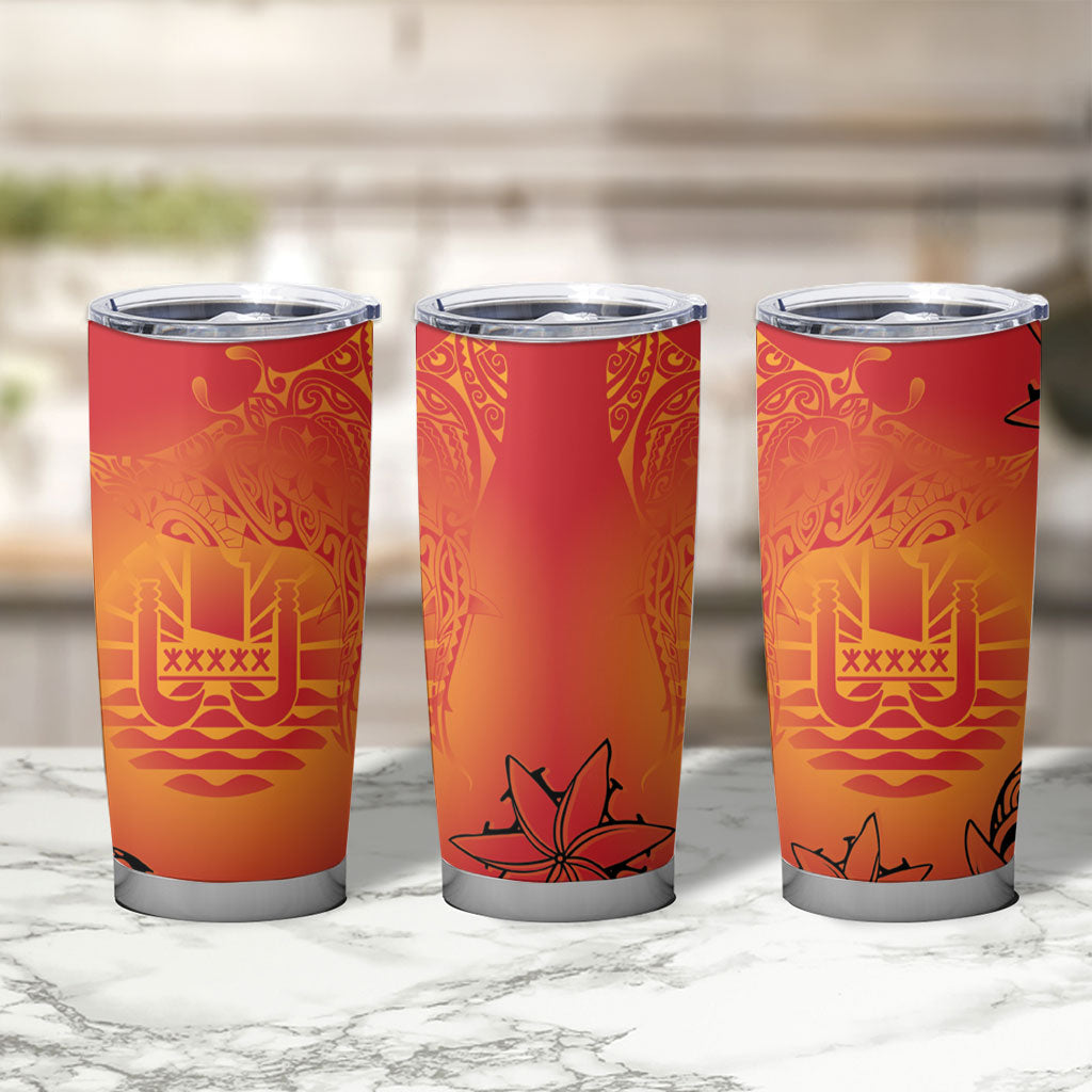 French Polynesia Manta Ray Tattoo Tumbler Cup Tahiti Hahalua Tiare Maori Gradient Style
