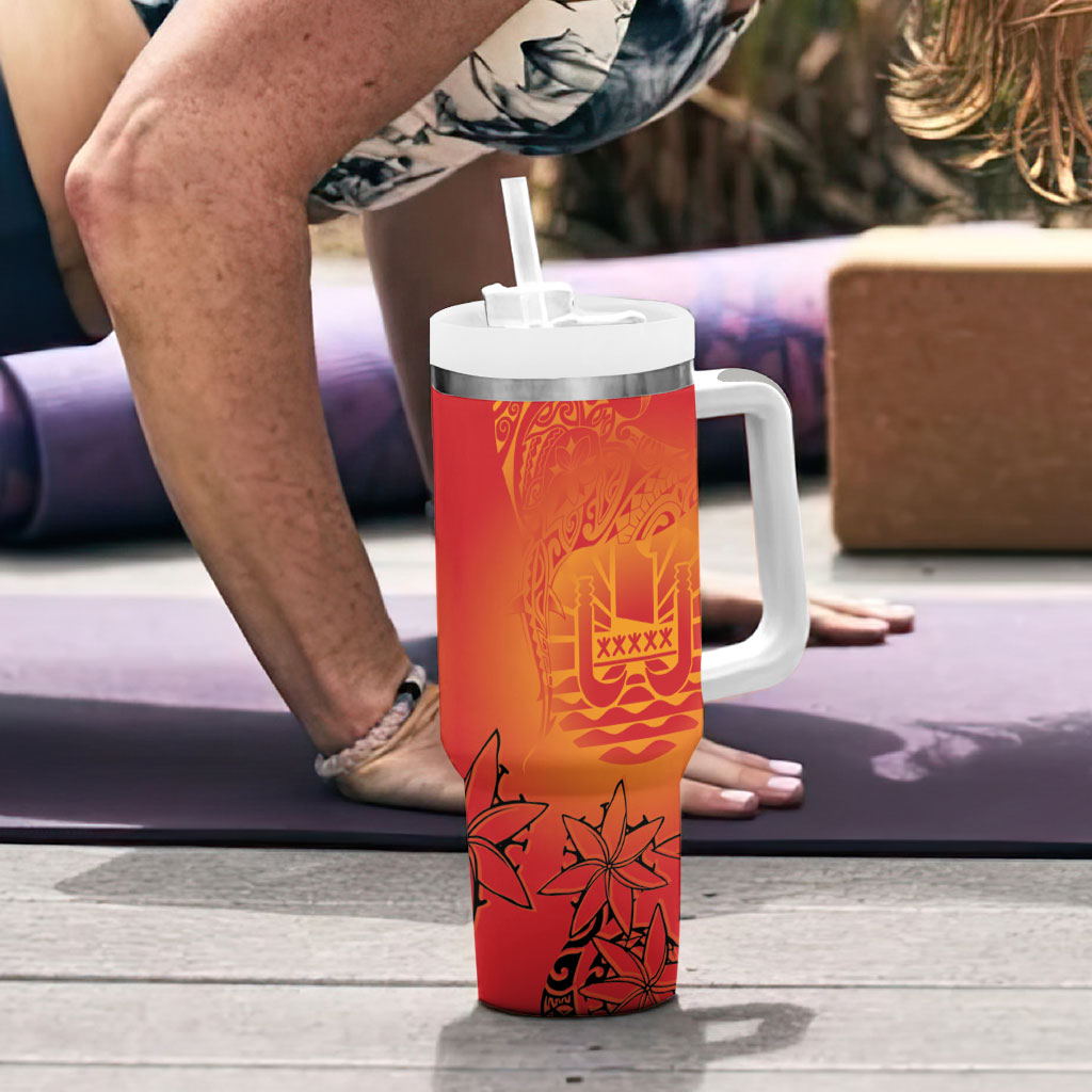 French Polynesia Manta Ray Tattoo Tumbler With Handle Tahiti Hahalua Tiare Maori Gradient Style