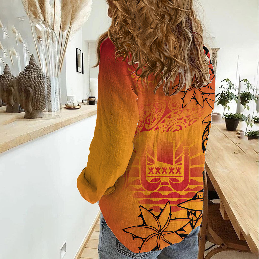 French Polynesia Manta Ray Tattoo Women Casual Shirt Tahiti Hahalua Tiare Maori Gradient Style