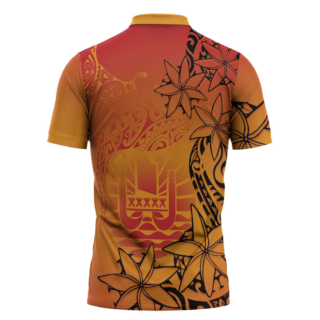 French Polynesia Manta Ray Tattoo Zipper Polo Shirt Tahiti Hahalua Tiare Maori Gradient Style