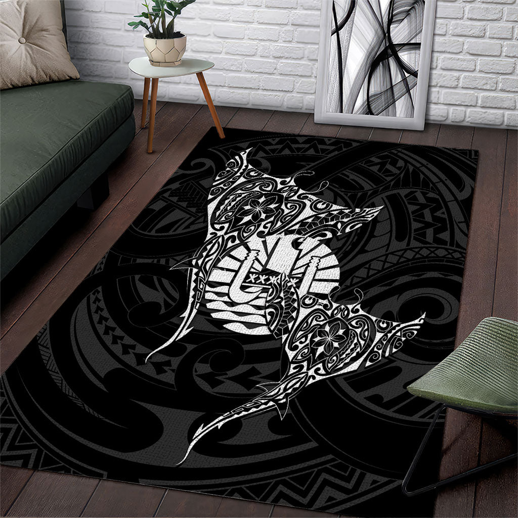 French Polynesia Manta Ray Tattoo Area Rug Tahiti Hahalua Turtle Shark Black Color