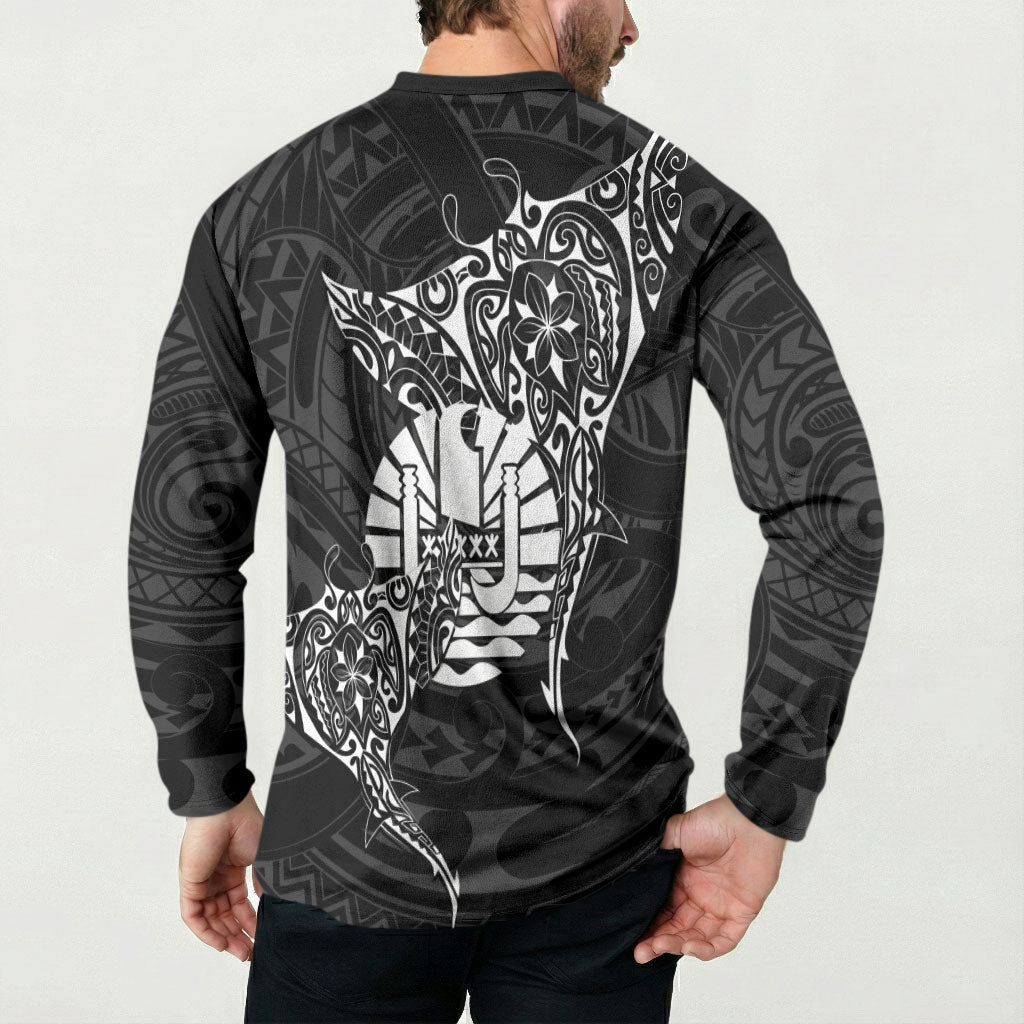 French Polynesia Manta Ray Tattoo Button Sweatshirt Tahiti Hahalua Turtle Shark Black Color