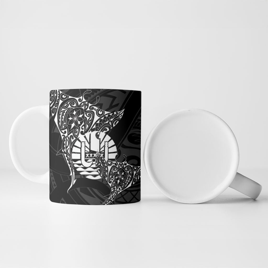 French Polynesia Manta Ray Tattoo Ceramic Mug Tahiti Hahalua Turtle Shark Black Color