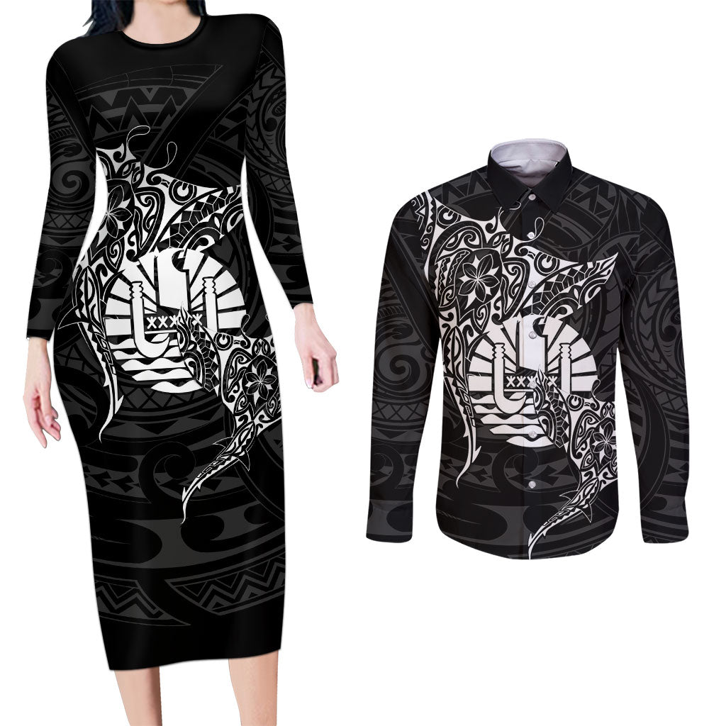 French Polynesia Manta Ray Tattoo Couples Matching Long Sleeve Bodycon Dress and Long Sleeve Button Shirt Tahiti Hahalua Turtle Shark Black Color LT14 Black - Polynesian Pride