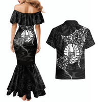 French Polynesia Manta Ray Tattoo Couples Matching Mermaid Dress and Hawaiian Shirt Tahiti Hahalua Turtle Shark Black Color LT14 - Polynesian Pride
