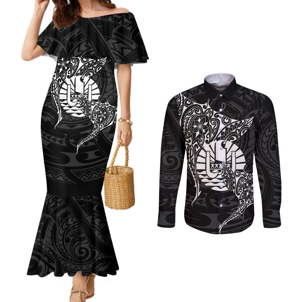 French Polynesia Manta Ray Tattoo Couples Matching Mermaid Dress and Long Sleeve Button Shirt Tahiti Hahalua Turtle Shark Black Color LT14 Black - Polynesian Pride