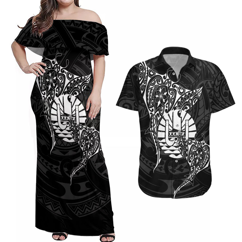 French Polynesia Manta Ray Tattoo Couples Matching Off Shoulder Maxi Dress and Hawaiian Shirt Tahiti Hahalua Turtle Shark Black Color LT14 Black - Polynesian Pride
