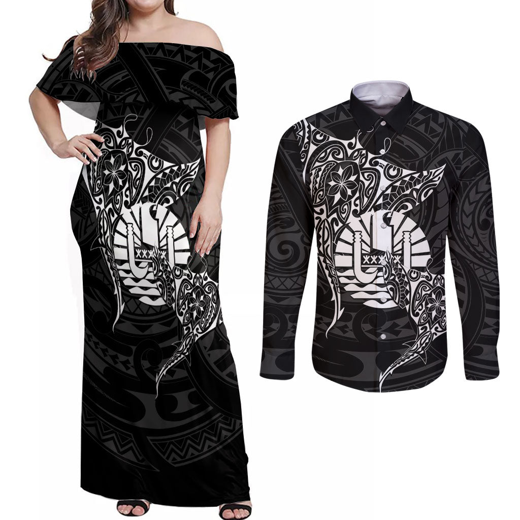 French Polynesia Manta Ray Tattoo Couples Matching Off Shoulder Maxi Dress and Long Sleeve Button Shirt Tahiti Hahalua Turtle Shark Black Color
