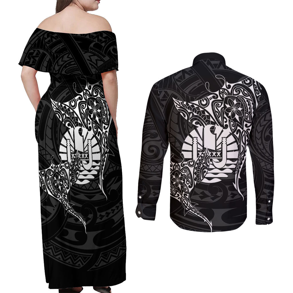 French Polynesia Manta Ray Tattoo Couples Matching Off Shoulder Maxi Dress and Long Sleeve Button Shirt Tahiti Hahalua Turtle Shark Black Color