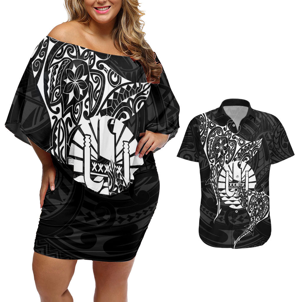 French Polynesia Manta Ray Tattoo Couples Matching Off Shoulder Short Dress and Hawaiian Shirt Tahiti Hahalua Turtle Shark Black Color LT14 Black - Polynesian Pride