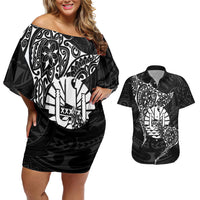 French Polynesia Manta Ray Tattoo Couples Matching Off Shoulder Short Dress and Hawaiian Shirt Tahiti Hahalua Turtle Shark Black Color LT14 Black - Polynesian Pride