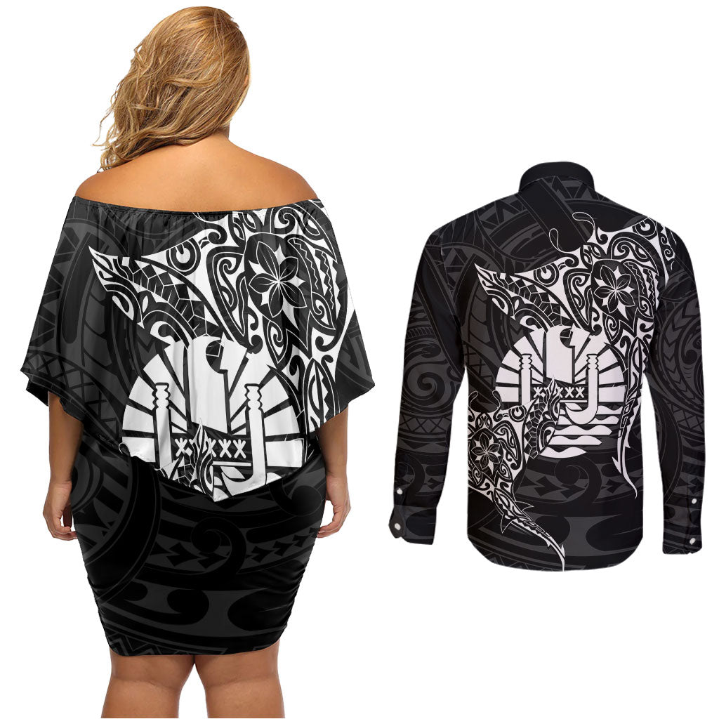 French Polynesia Manta Ray Tattoo Couples Matching Off Shoulder Short Dress and Long Sleeve Button Shirt Tahiti Hahalua Turtle Shark Black Color