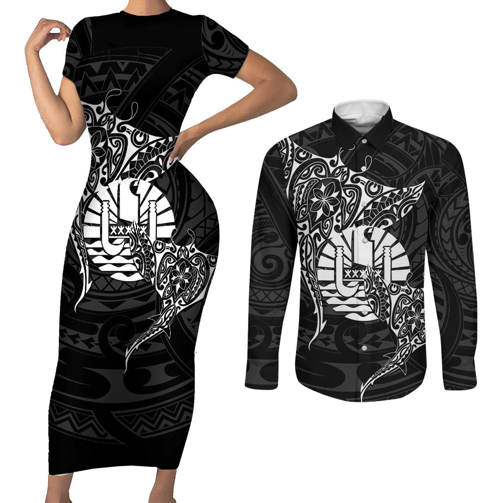French Polynesia Manta Ray Tattoo Couples Matching Short Sleeve Bodycon Dress and Long Sleeve Button Shirt Tahiti Hahalua Turtle Shark Black Color