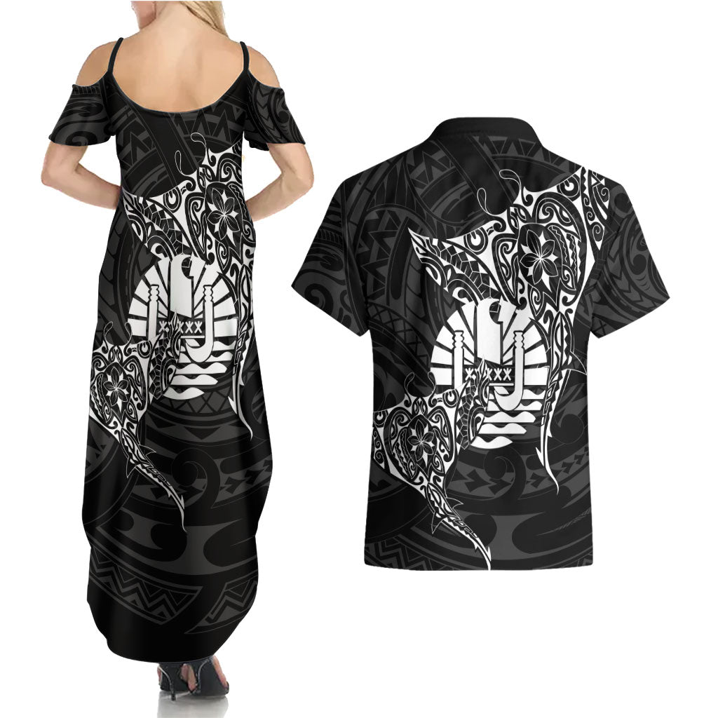 French Polynesia Manta Ray Tattoo Couples Matching Summer Maxi Dress and Hawaiian Shirt Tahiti Hahalua Turtle Shark Black Color LT14 - Polynesian Pride