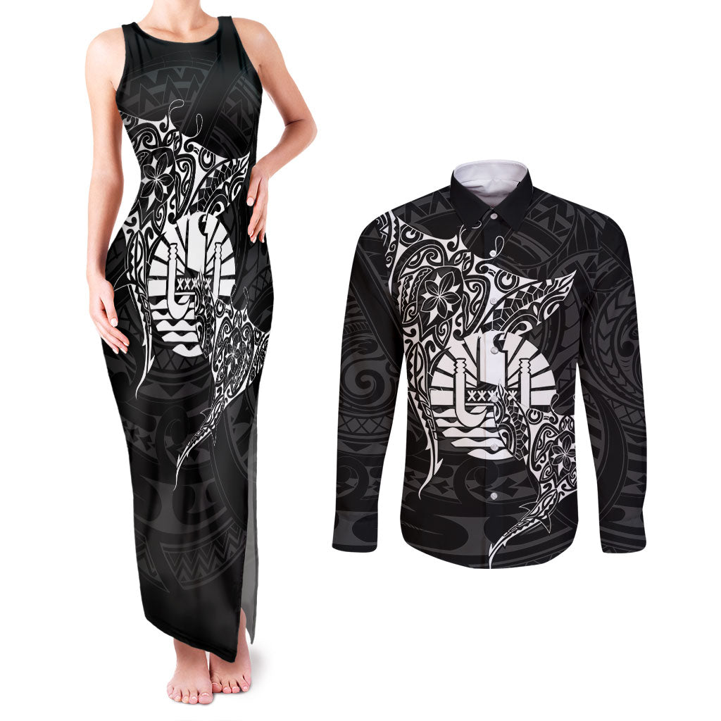 French Polynesia Manta Ray Tattoo Couples Matching Tank Maxi Dress and Long Sleeve Button Shirt Tahiti Hahalua Turtle Shark Black Color LT14 Black - Polynesian Pride