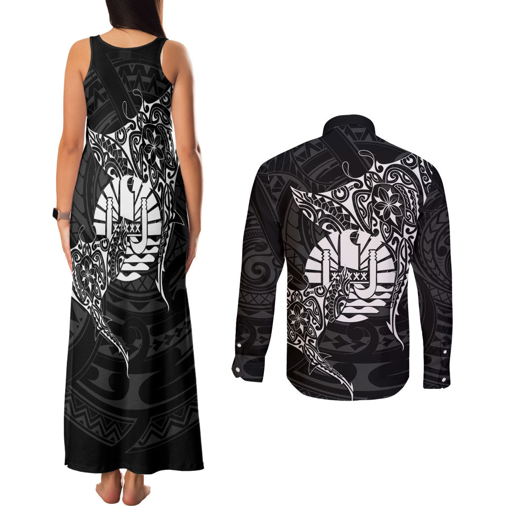 French Polynesia Manta Ray Tattoo Couples Matching Tank Maxi Dress and Long Sleeve Button Shirt Tahiti Hahalua Turtle Shark Black Color LT14 - Polynesian Pride