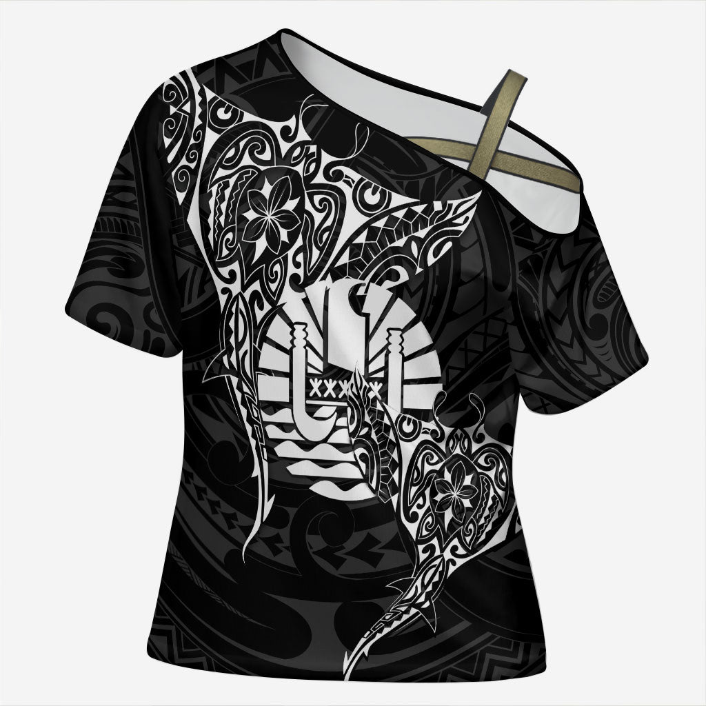 French Polynesia Manta Ray Tattoo Cross Shoulder Shirt Tahiti Hahalua Turtle Shark Black Color