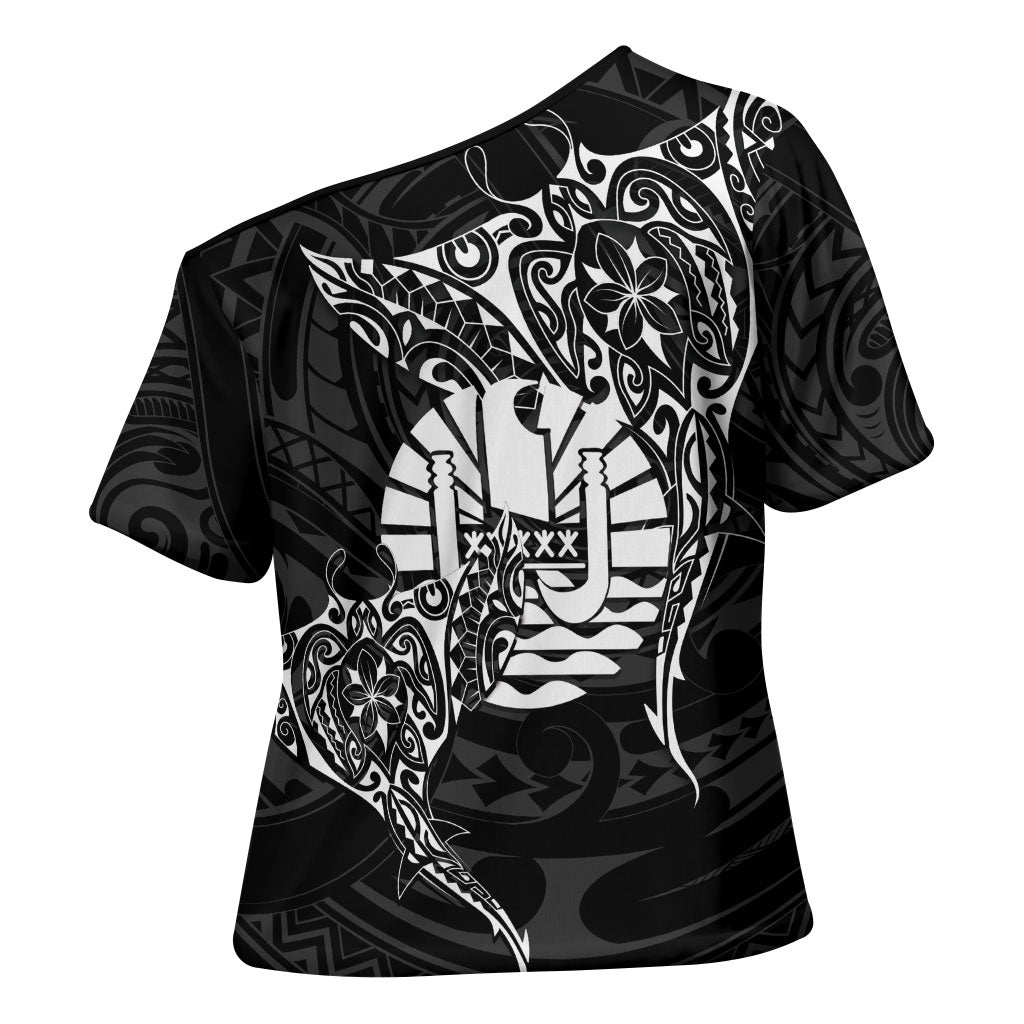 French Polynesia Manta Ray Tattoo Cross Shoulder Shirt Tahiti Hahalua Turtle Shark Black Color