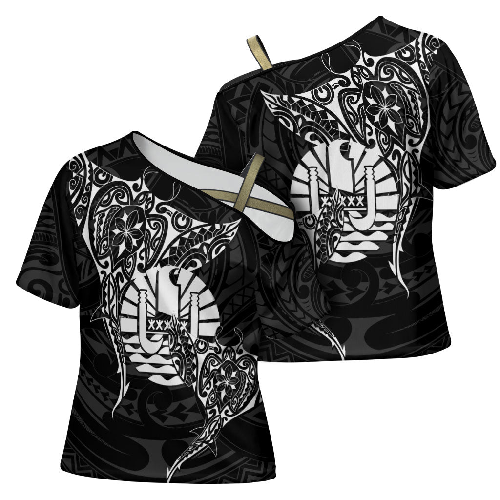 French Polynesia Manta Ray Tattoo Cross Shoulder Shirt Tahiti Hahalua Turtle Shark Black Color