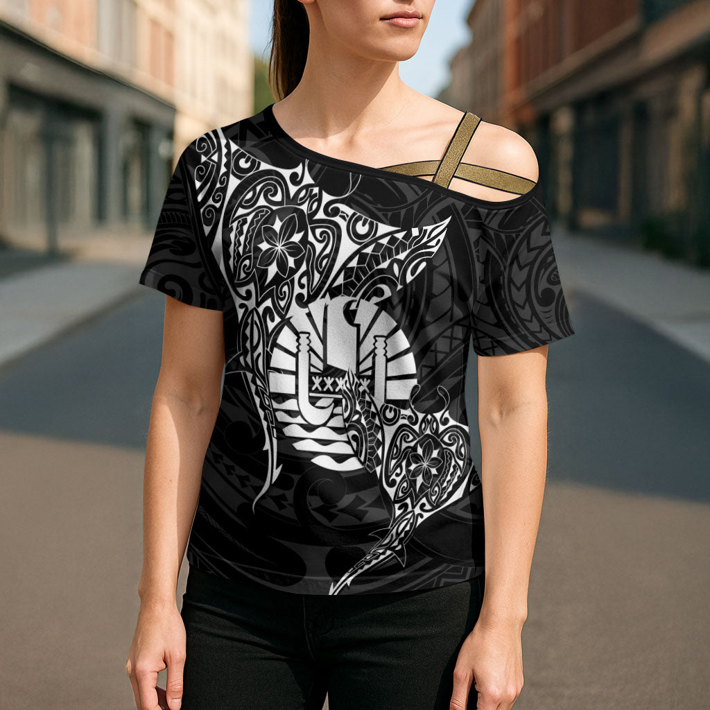 French Polynesia Manta Ray Tattoo Cross Shoulder Shirt Tahiti Hahalua Turtle Shark Black Color
