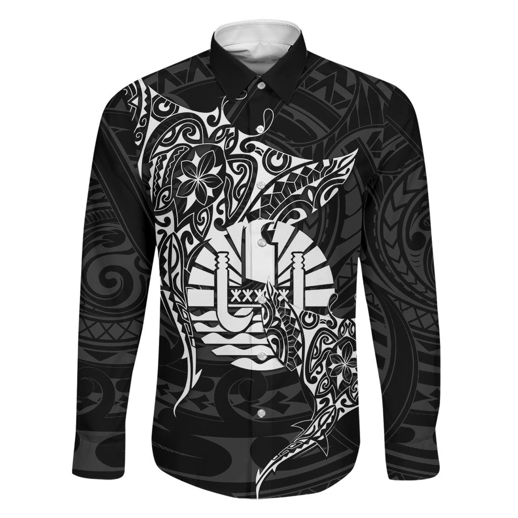 French Polynesia Manta Ray Tattoo Family Matching Long Sleeve Bodycon Dress and Hawaiian Shirt Tahiti Hahalua Turtle Shark Black Color